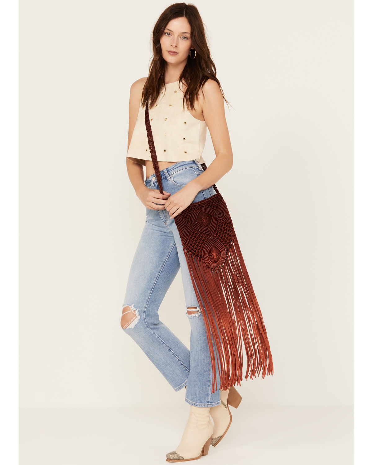 Image #1 - Idyllwind Women's Sevilla Macrame Crossbody Bag, Maroon, hi-res