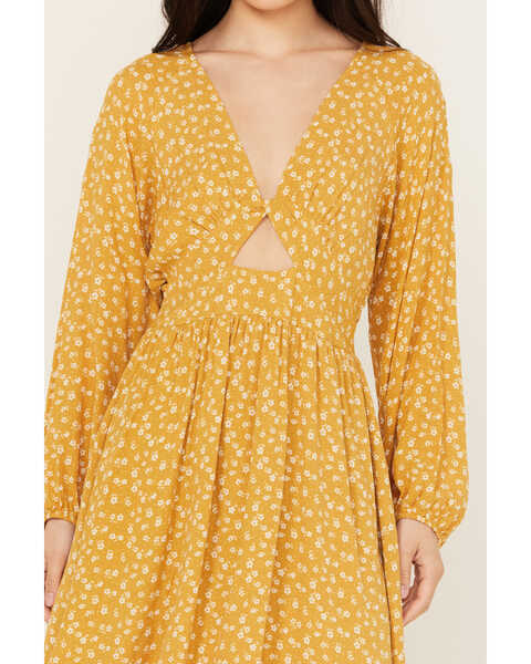 Image #3 - Wild Moss Women's Ditsy Floral Print Cut Out Mini Dress, Mustard, hi-res
