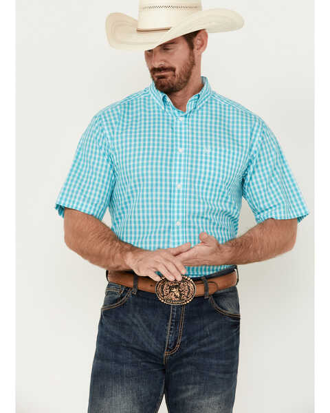 Image #1 - Ariat Men's Wrinkle Free Sterling Plaid Print Classic Fit Button-Down Shirt - Tall , Turquoise, hi-res