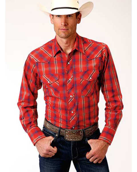 Image #1 - Roper Men's Red Plaid Southwestern Embroidered Long Sleeve Western Shirt , Red, hi-res