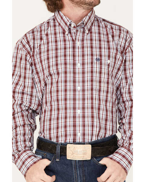 Image #3 - Wrangler Men's Plaid Print Long Sleeve Button Down Western Shirt, Burgundy, hi-res
