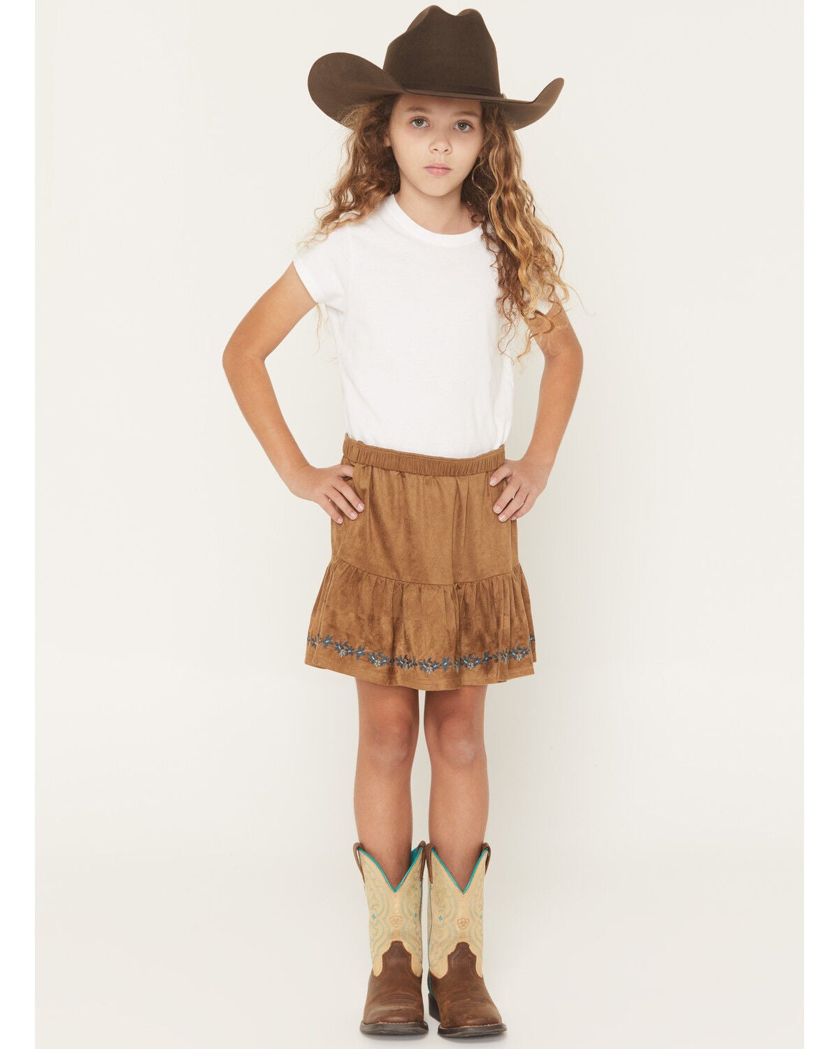 Image #1 - Shyanne Girls' Faux Suede Tiered Skirt, Coffee, hi-res