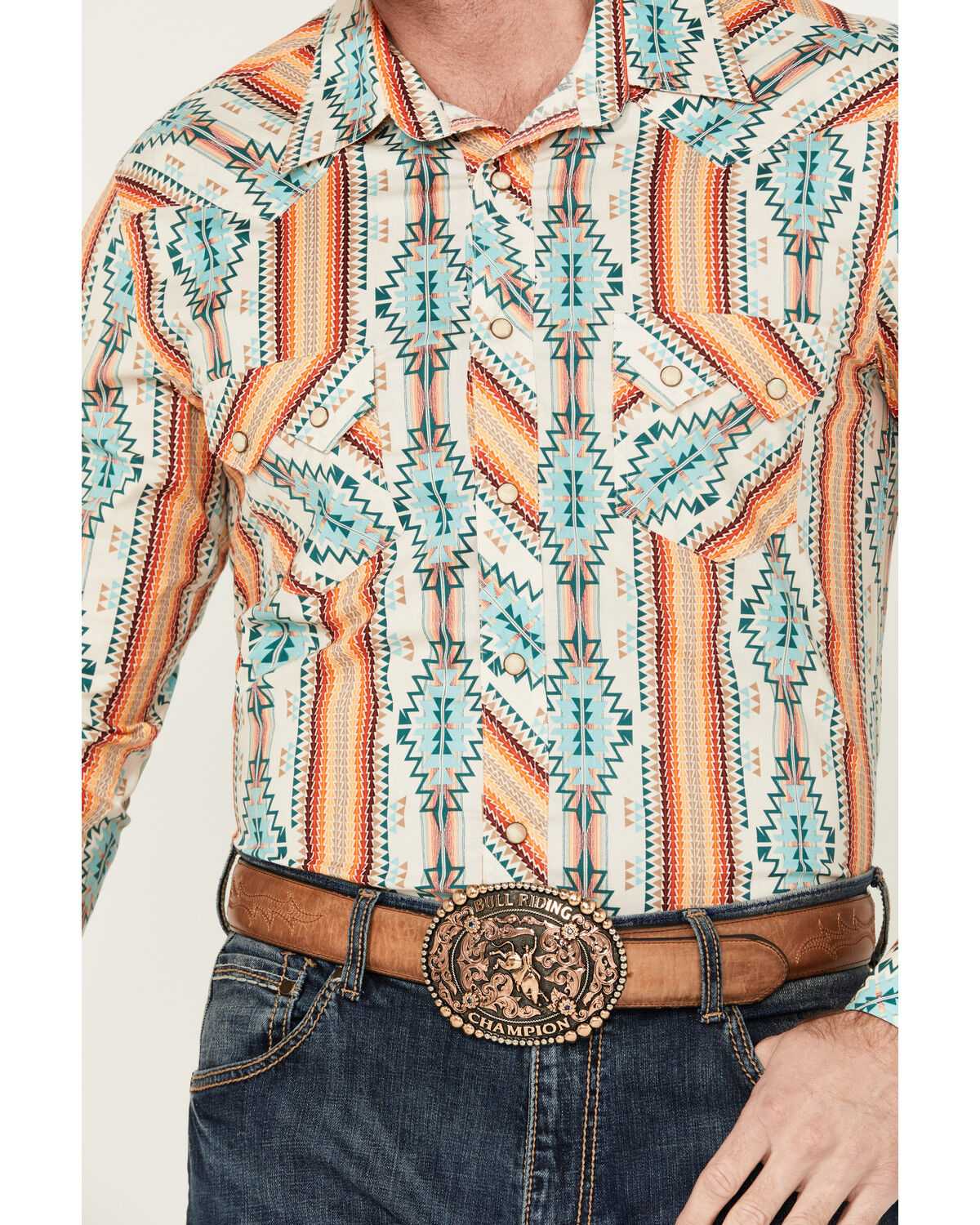 Image #3 - Rock & Roll Denim Men's Southwestern Long Sleeve Pearl Snap Western Shirt, Cream, hi-res