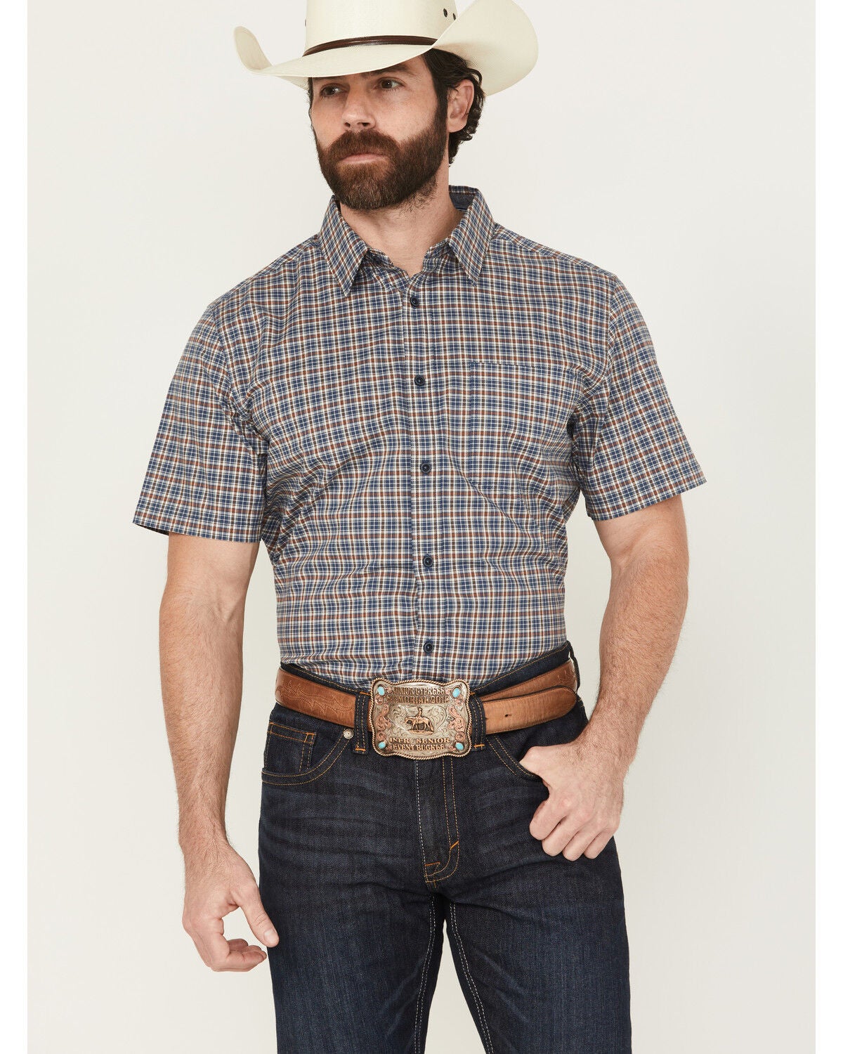 Image #1 - Cody James Men's Wildlife Plaid Print Short Sleeve Button-Down Stretch Western Shirt, Blue, hi-res