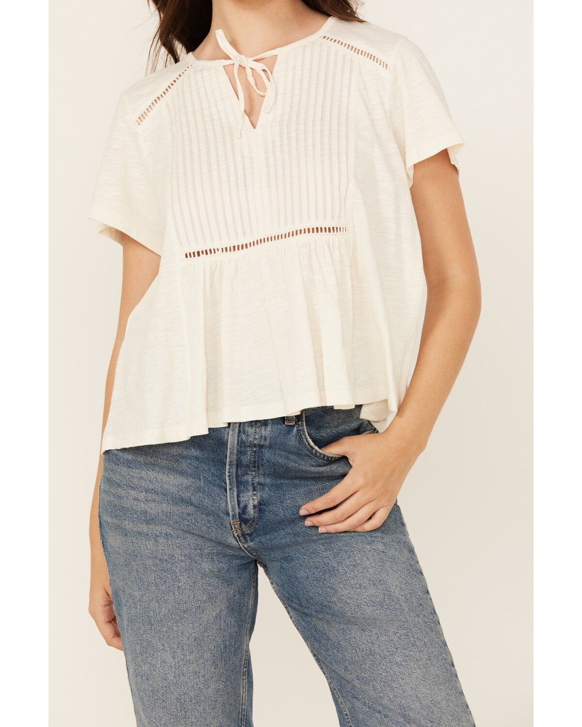 Image #3 - Cleo + Wolf Women's Bella Pintuck Detail Peasant Short Sleeve Blouse, Cream, hi-res