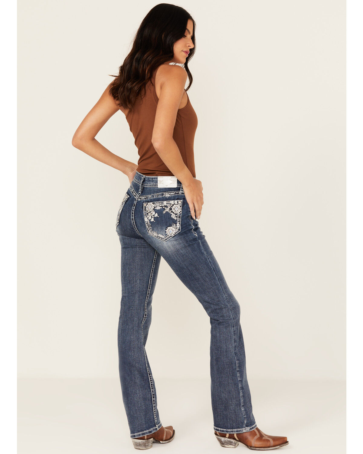 Image #1 - Grace In LA Women's Medium Wash Geo Print Embroidered Mid Rise Bootcut Stretch Denim Jeans, Medium Wash, hi-res