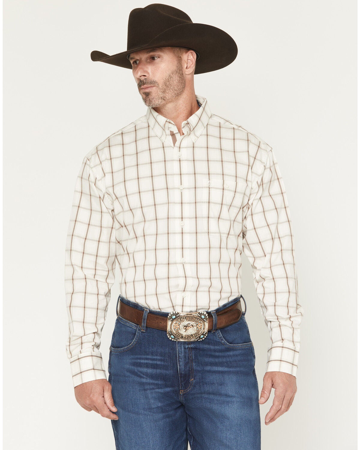 George Strait by Wrangler Men's Plaid Print Long Sleeve Button-Down Stretch Western Shirt - Big, Cream, hi-res