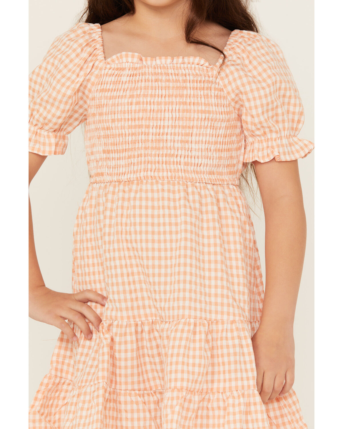 Image #3 - Hayden LA Girls' Gingham Print Puff Sleeve Mini Dress, Peach, hi-res