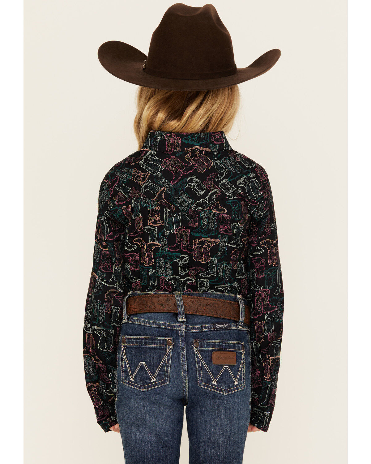 Image #4 - Wrangler Girls' Boot Print Long Sleeve Snap Western Shirt, Black, hi-res