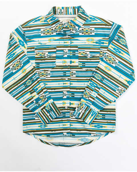 Shyanne Toddler Girls' Southwestern Print Long Sleeve Pearl Snap Western Shirt, Teal, hi-res