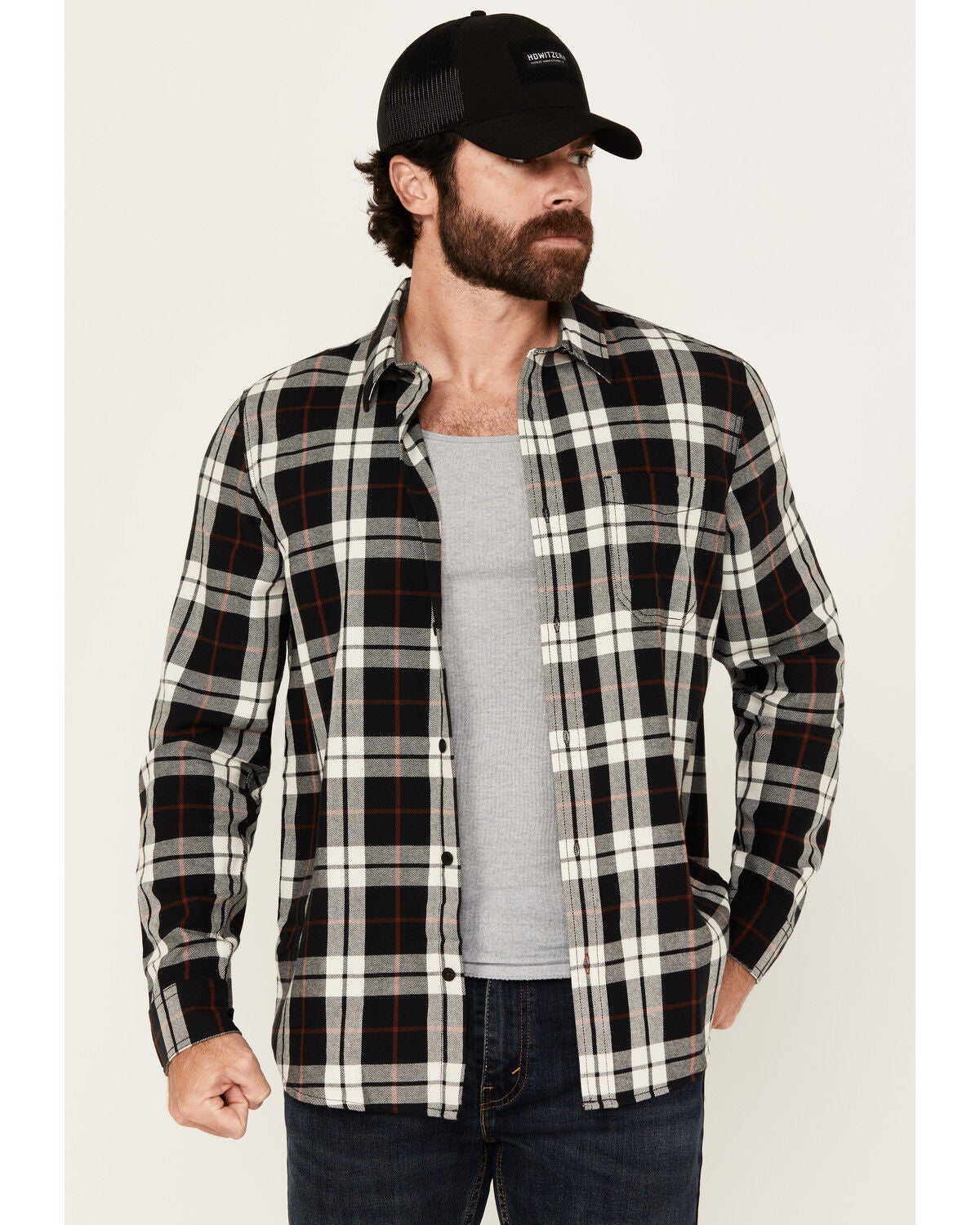 Brothers and Sons Men's Newton Plaid Print Long Sleeve Button-Down Western Shirt, Black, hi-res