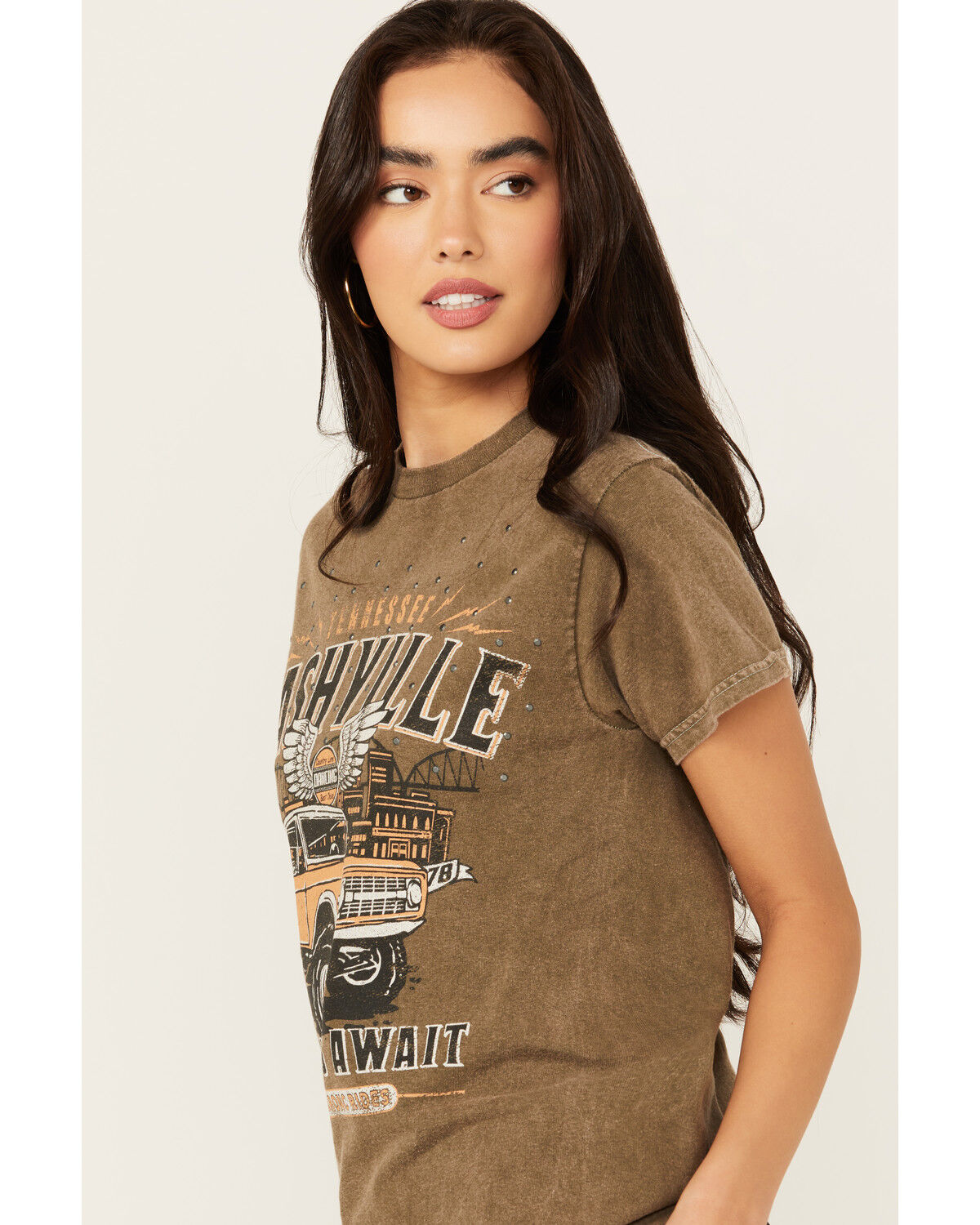 Image #2 - Youth in Revolt Women's Nashville Embellished Car Short Sleeve Graphic Tee, Green, hi-res