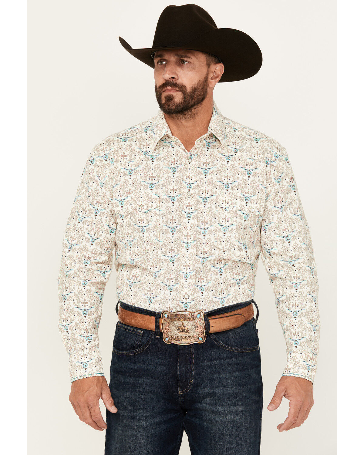 Image #1 - Rough Stock by Panhandle Men's Steer Head Print Long Sleeve Pearl Snap Western Shirt, Natural, hi-res