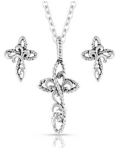 Montana Silversmiths Women's Hold Steady Faith Cross Jewelry Set, Silver, hi-res