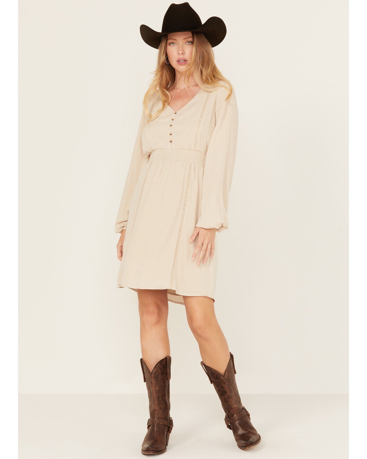 Shyanne Women's Lace Long Sleeve Button-Down Mini Dress, Natural, hi-res