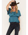 Image #1 - Shyanne Women's Hailey Satin Flounce Short Sleeve Peasant Blouse, Teal, hi-res