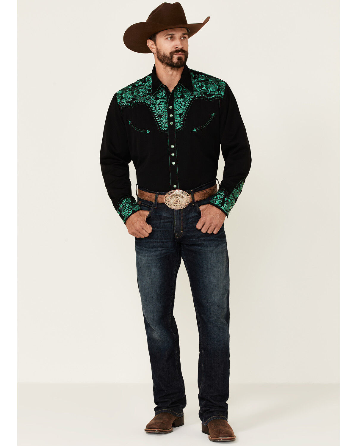 Image #2 - Scully Men's Embroidered Gunfighter Long Sleeve Pearl Snap Western Shirt, Black, hi-res