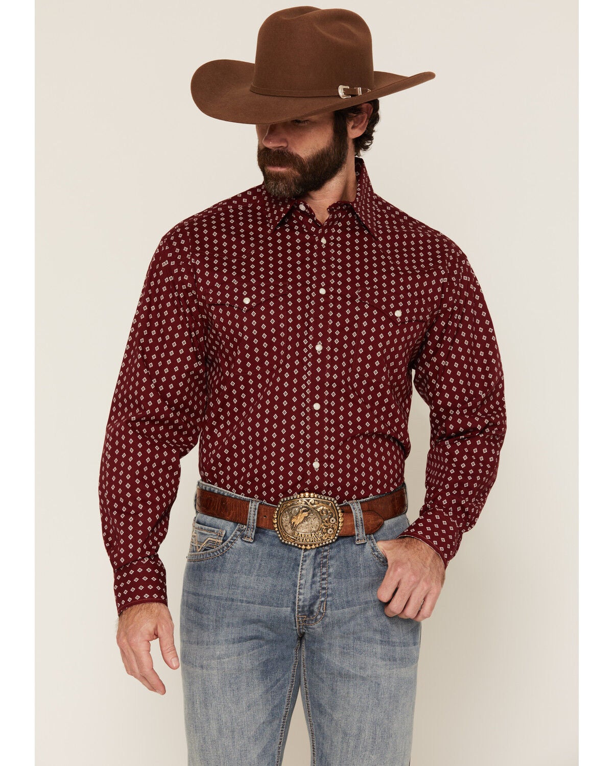 Image #1 - Panhandle Slim Men's Geo Print Long Sleeve Snap Stretch Western Shirt, Red, hi-res