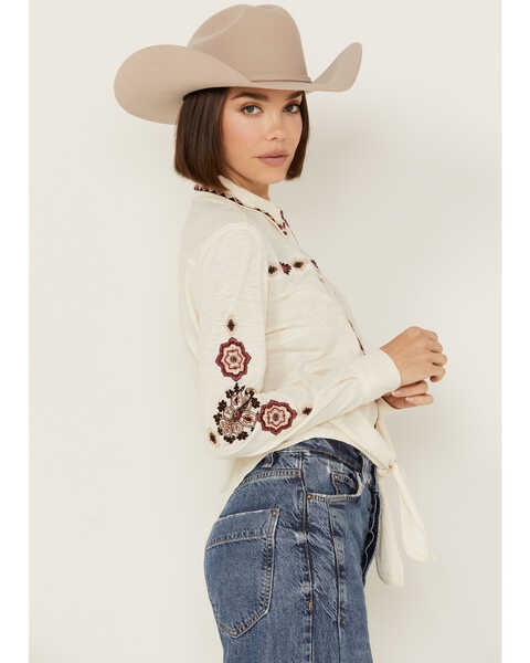 Image #2 - Shyanne Women's Tie Front Embroidered Long Sleeve Snap Western Shirt , Cream, hi-res
