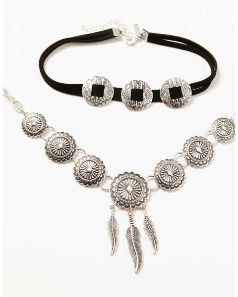 Image #1 - Shyanne Women's 2-piece Silver Concho & Leather Choker Necklace Set, Silver, hi-res