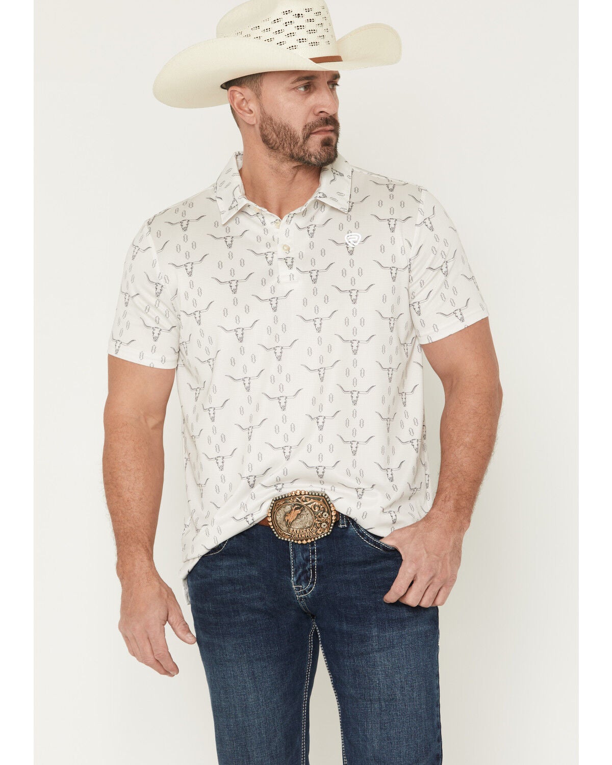 Image #1 - Rock & Roll Denim Men's Steer Skull Print Short Sleeve Button-Down Stretch Polo, Natural, hi-res