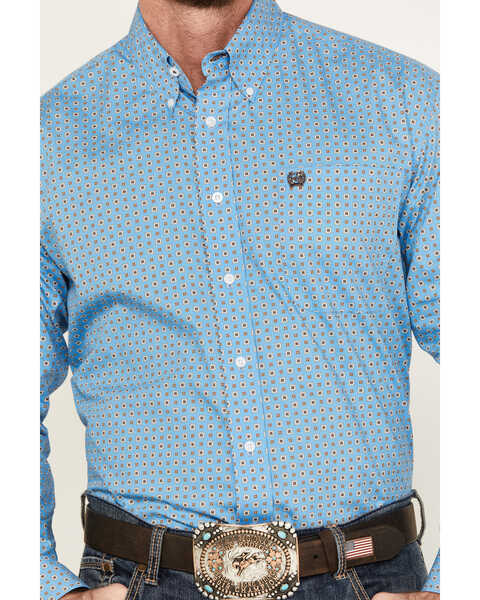 Cinch Men's Geo Print Long Sleeve Button-Down Western Shirt, Blue, hi-res