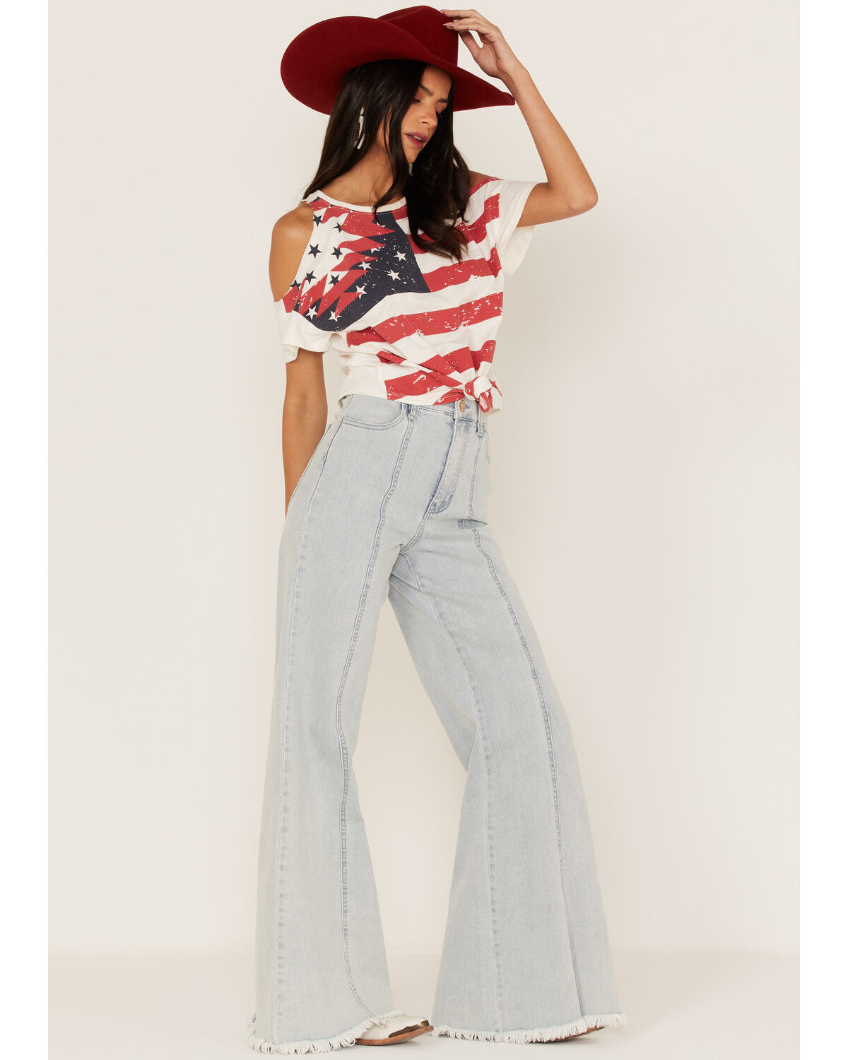 Image #2 - Shyanne Women's Americana Southwestern Flag Cold Shoulder Graphic Tee, Ivory, hi-res