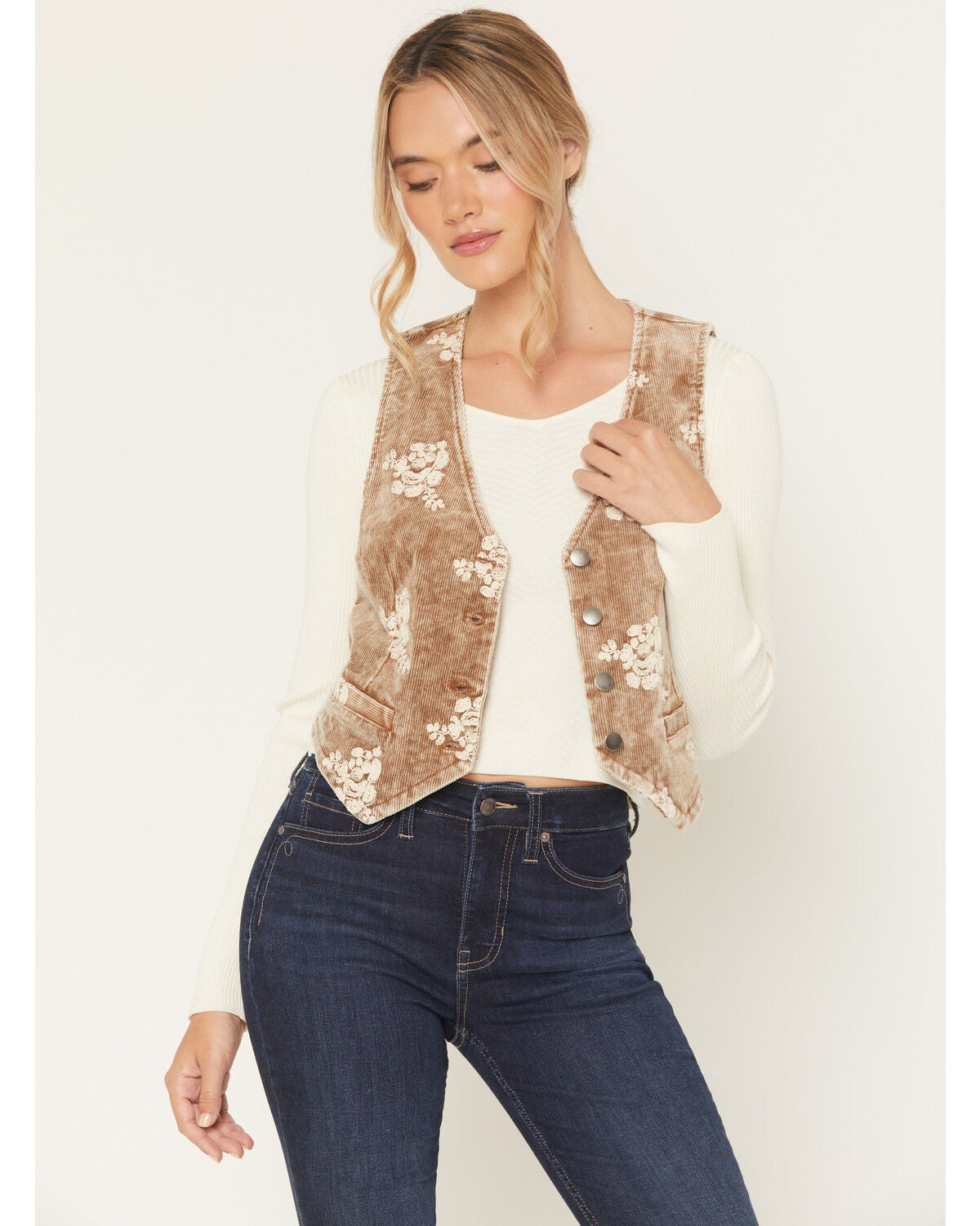 Mystree Women's Corduroy Floral Embroidered Vest, Brown, hi-res