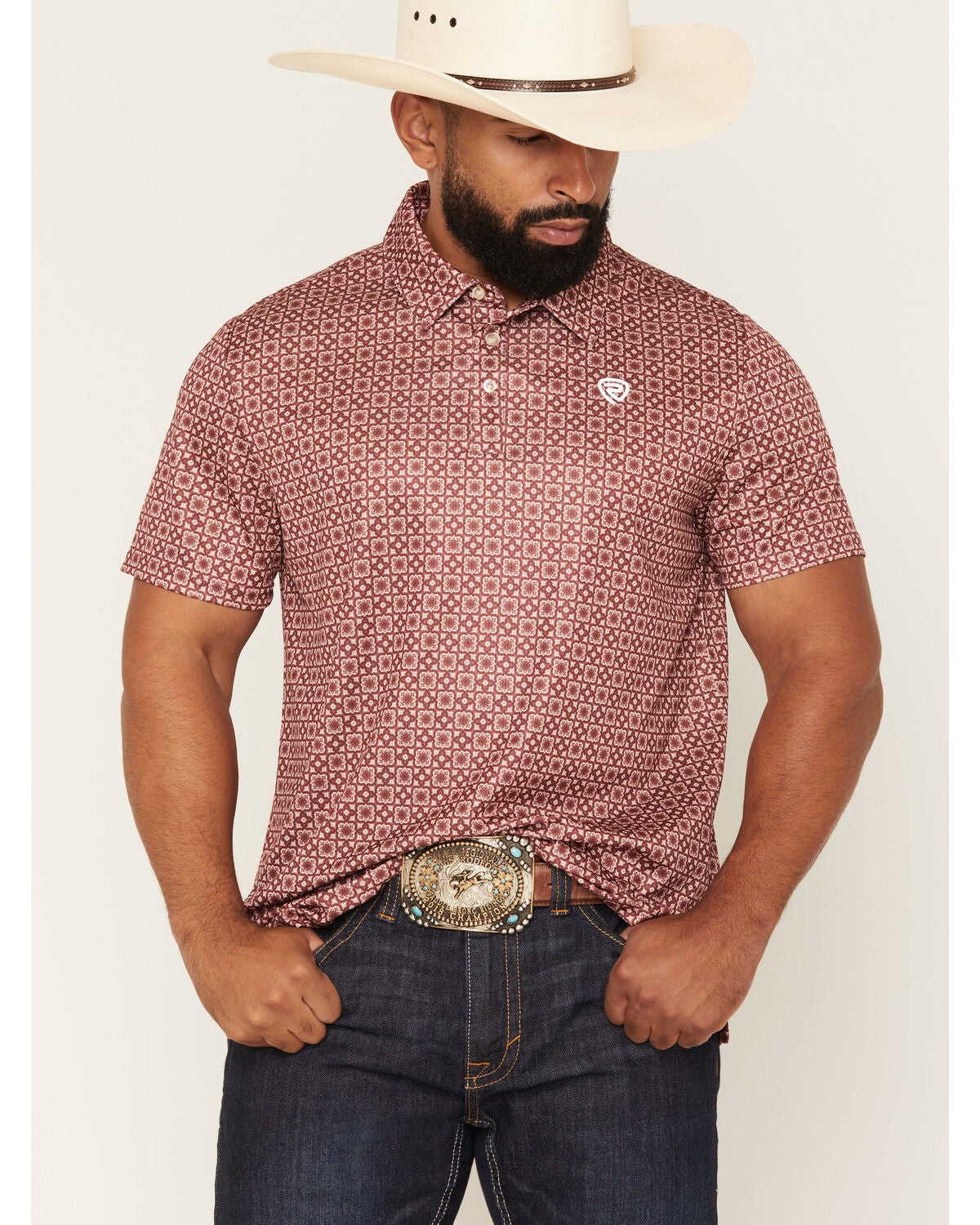 Image #1 - Rock & Roll Denim Men's Medallion Print Short Sleeve Button-Down Polo, Red, hi-res