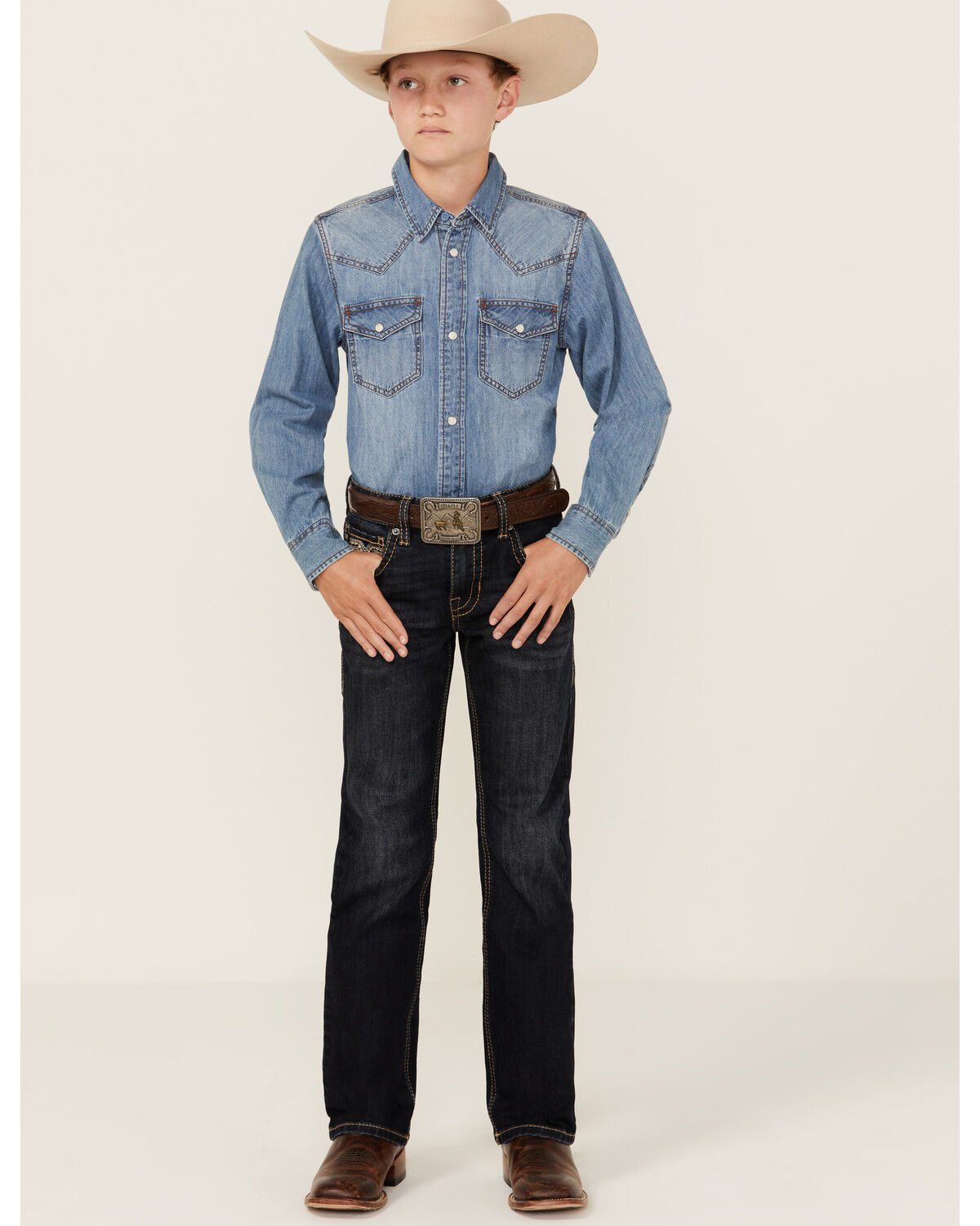 Image #1 - Rock & Roll Denim Boys' Dark Wash Bootcut Stretch Denim Jeans, Blue, hi-res