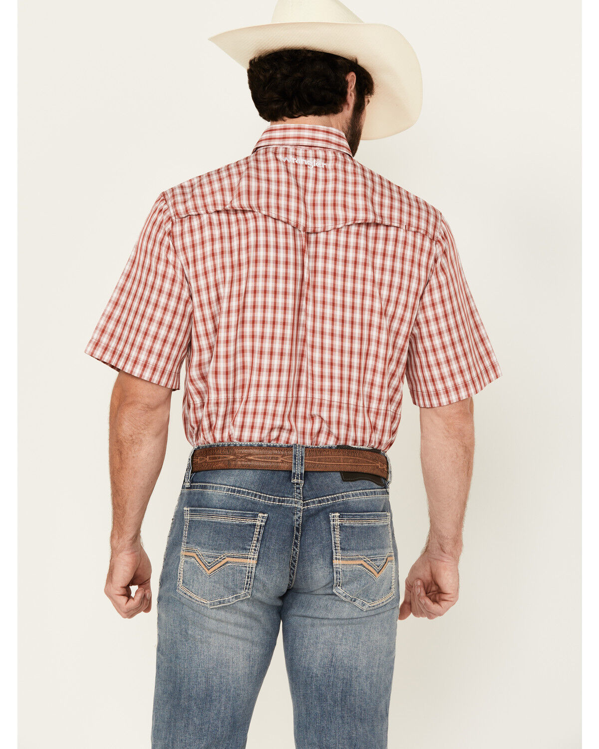 Image #4 - Wrangler Men's Plaid Print Short Sleeve Snap Performance Western Shirt - Tall, Red, hi-res