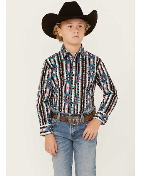 Wrangler Boys' Southwestern Print Long Sleeve Snap Western Shirt, Multi, hi-res