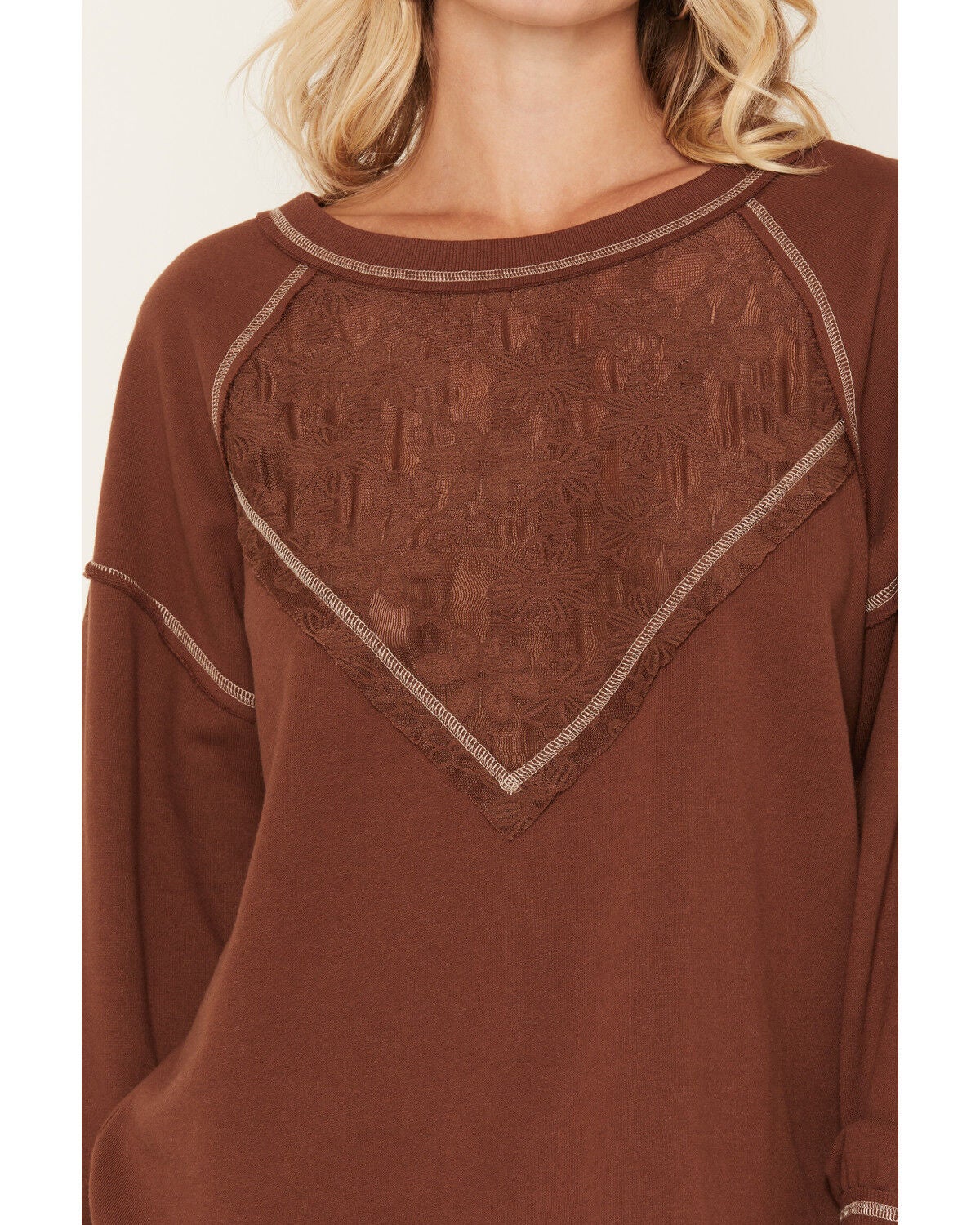 Image #3 - Blended Women's Lace V Long Sleeve Top, Chocolate, hi-res
