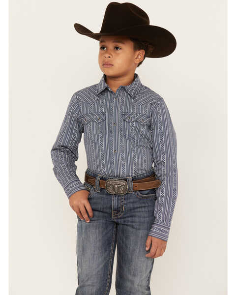 Cody James Boys' Apollo Striped Long Sleeve Western Snap Shirt, Navy, hi-res