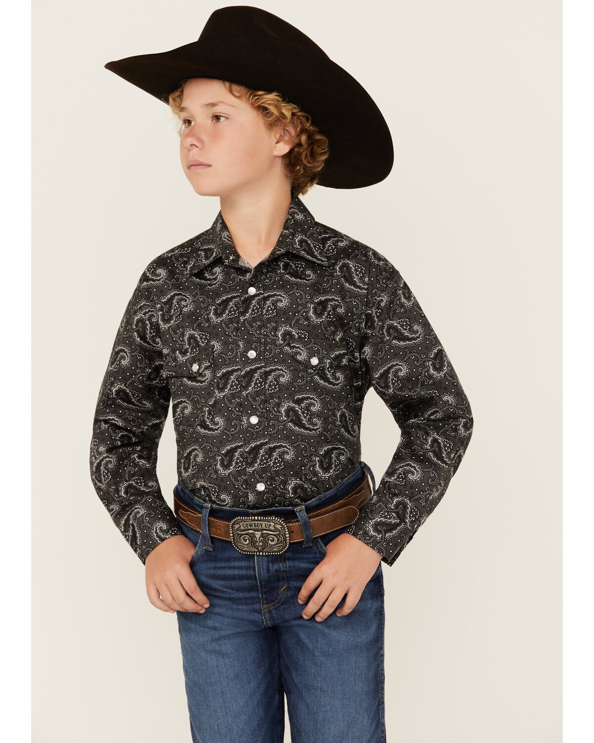 Image #1 - Rock & Roll Denim Boys' Paisley Print Long Sleeve Pearl Snap Western Shirt, Grey, hi-res
