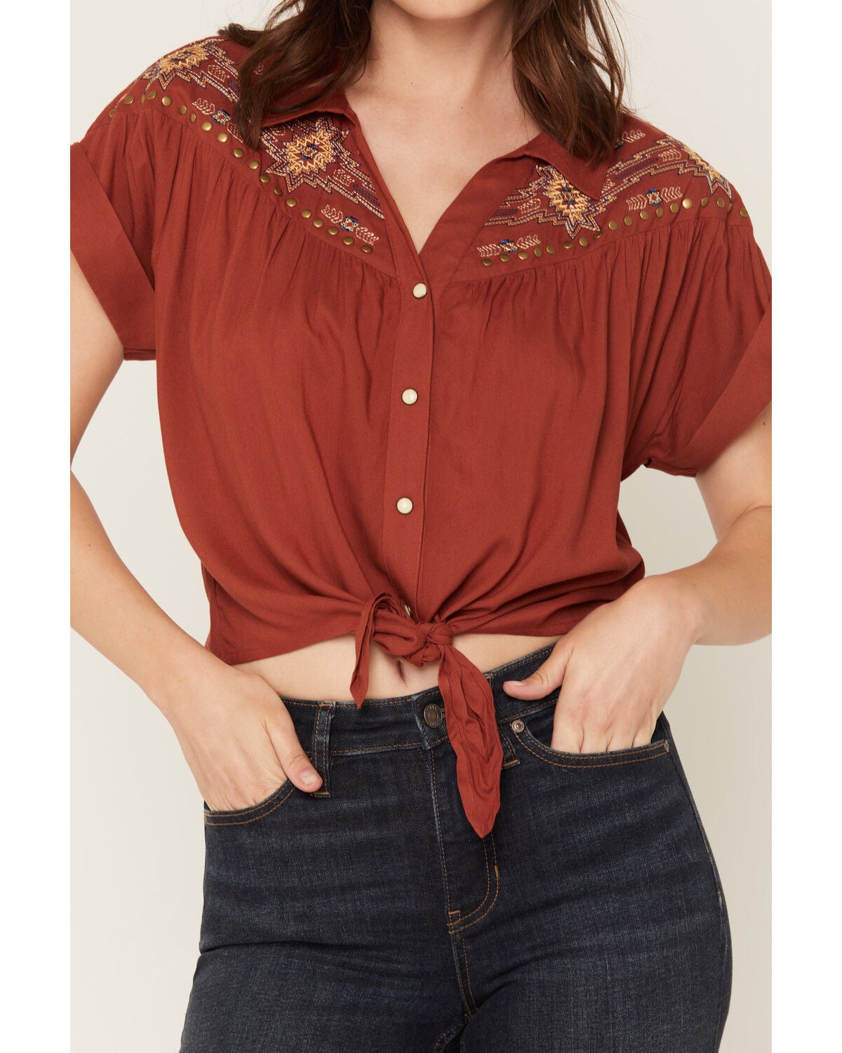 Image #3 - Shyanne Women's Embroidered Short Sleeve Snap Tie-Front Shirt, Chilli, hi-res