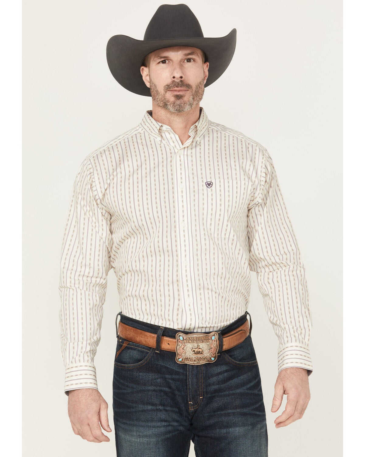 Ariat Men's Randall Wrinkle Free Striped Long Sleeve Button-Down Western Shirt, Off White, hi-res