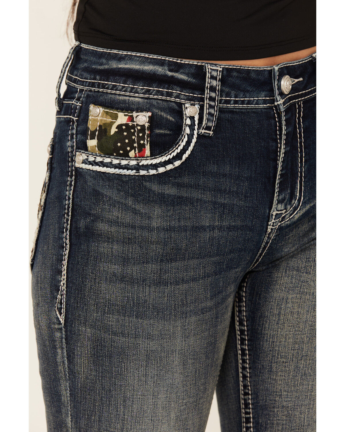 Image #4 - Grace In LA Women's Medium Wash Camo Fleur De Lis Embroidered Mid Rise Bootcut Stretch Denim Jeans, Medium Wash, hi-res