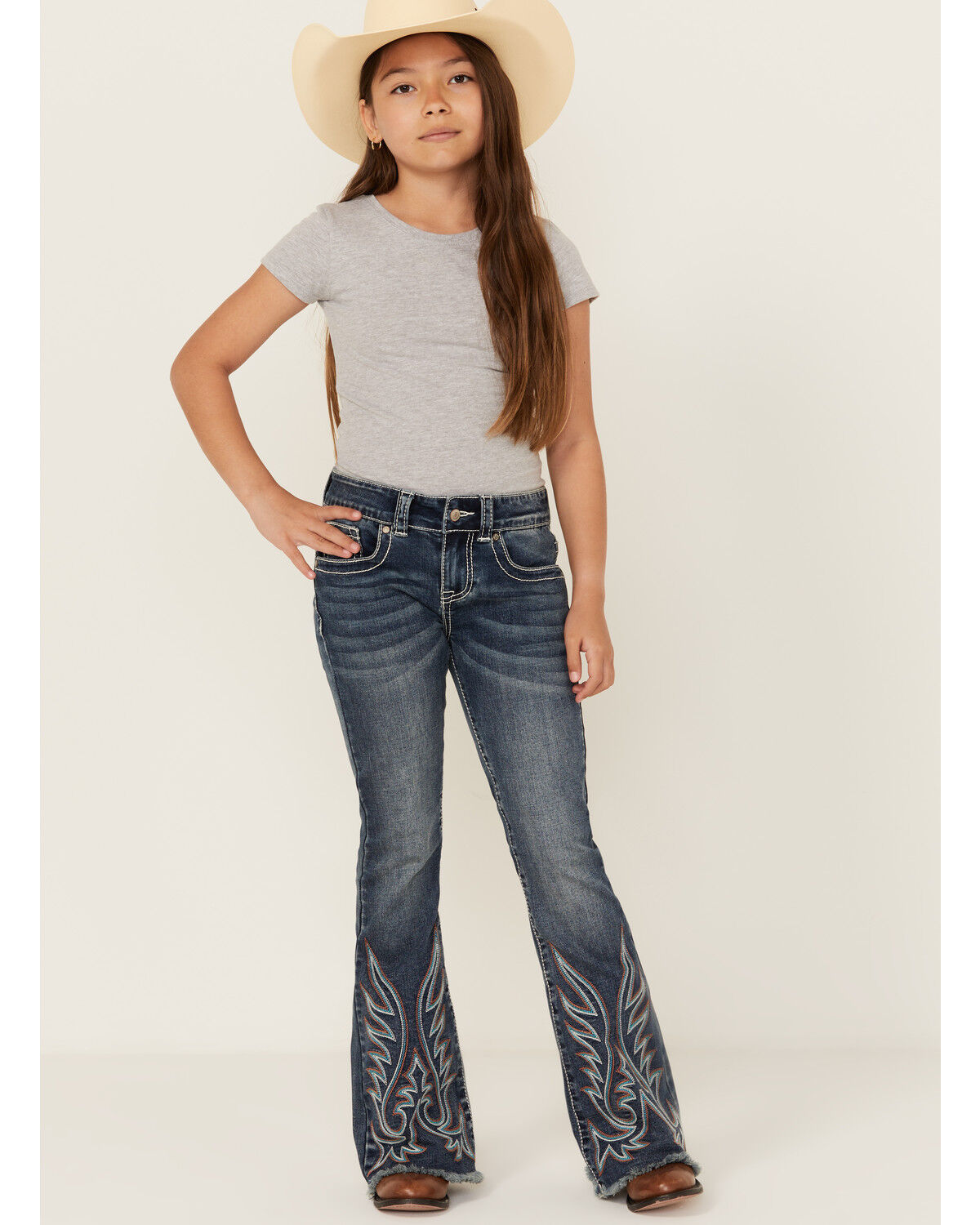 Image #1 - Shyanne Girls' Medium Wash Stitch Flare Stretch Denim Jeans, Medium Wash, hi-res