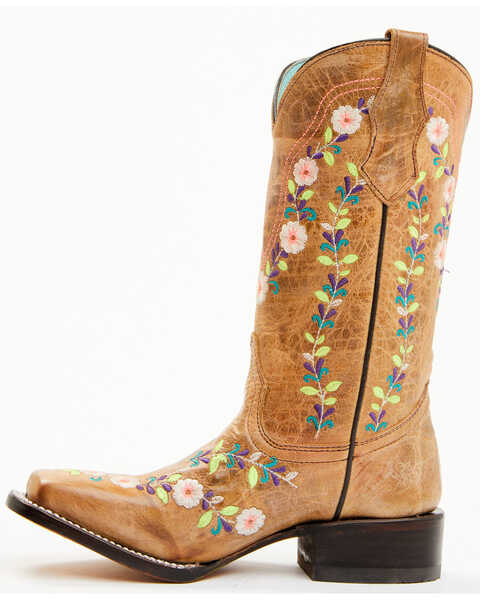 Image #4 - Corral Girls' Floral Embroidered Blacklight Western Boots - Square Toe , Honey, hi-res