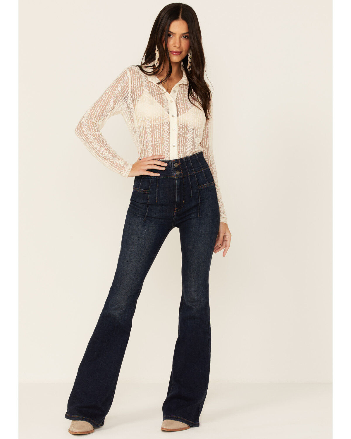 Image #3 - Wild Moss Women's Lace Button Front Sheer Long Sleeve Shirt, Ivory, hi-res
