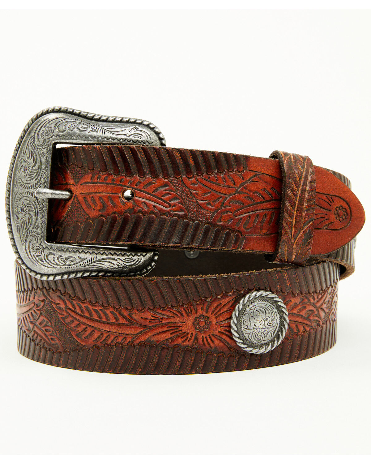 Image #1 - Shyanne Women's Morgan Embossed Floral Leather Belt, Brown, hi-res