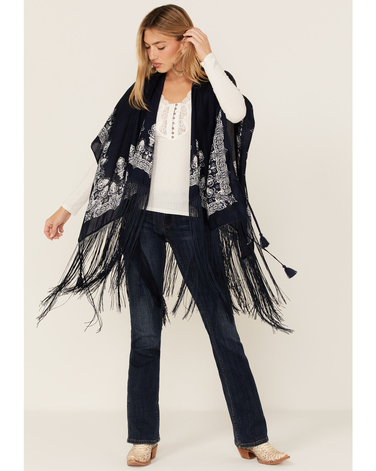 Image #2 - Idyllwind Women's Paisley Stadium Fringe Shawl, Navy, hi-res