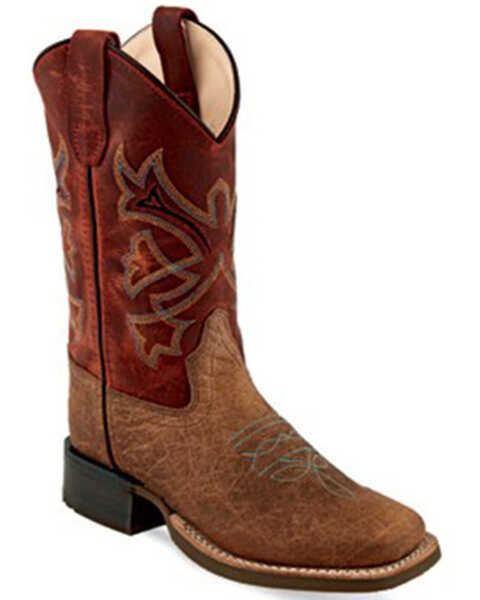Old West Boys' Bull Hide Print Western Boots - Broad Square Toe, Brick Red, hi-res