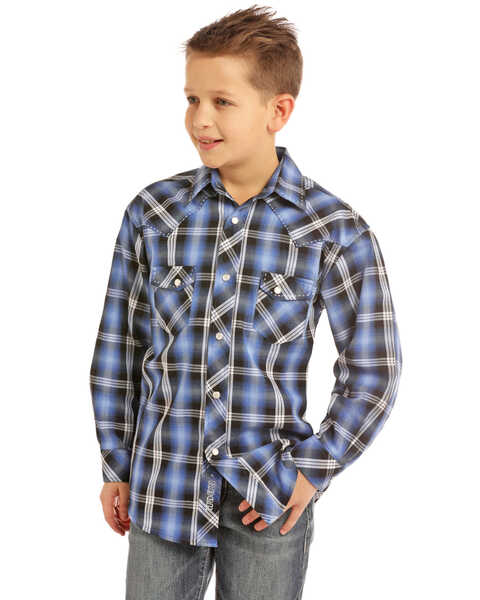 Rock & Roll Denim Boys' Plaid Print Long Sleeve Pearl Snap Western Shirt , Blue, hi-res