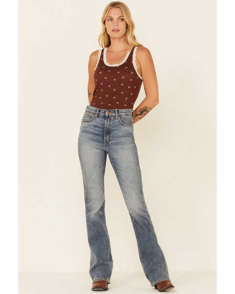 Image #2 - Wild Moss Women's Floral Print Ribbed Pointelle Tank Top, Brown, hi-res