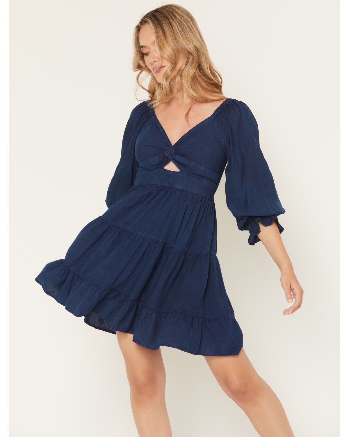 Angie Women's Acid Wash Long Sleeve Mini Dress, Dark Wash, hi-res