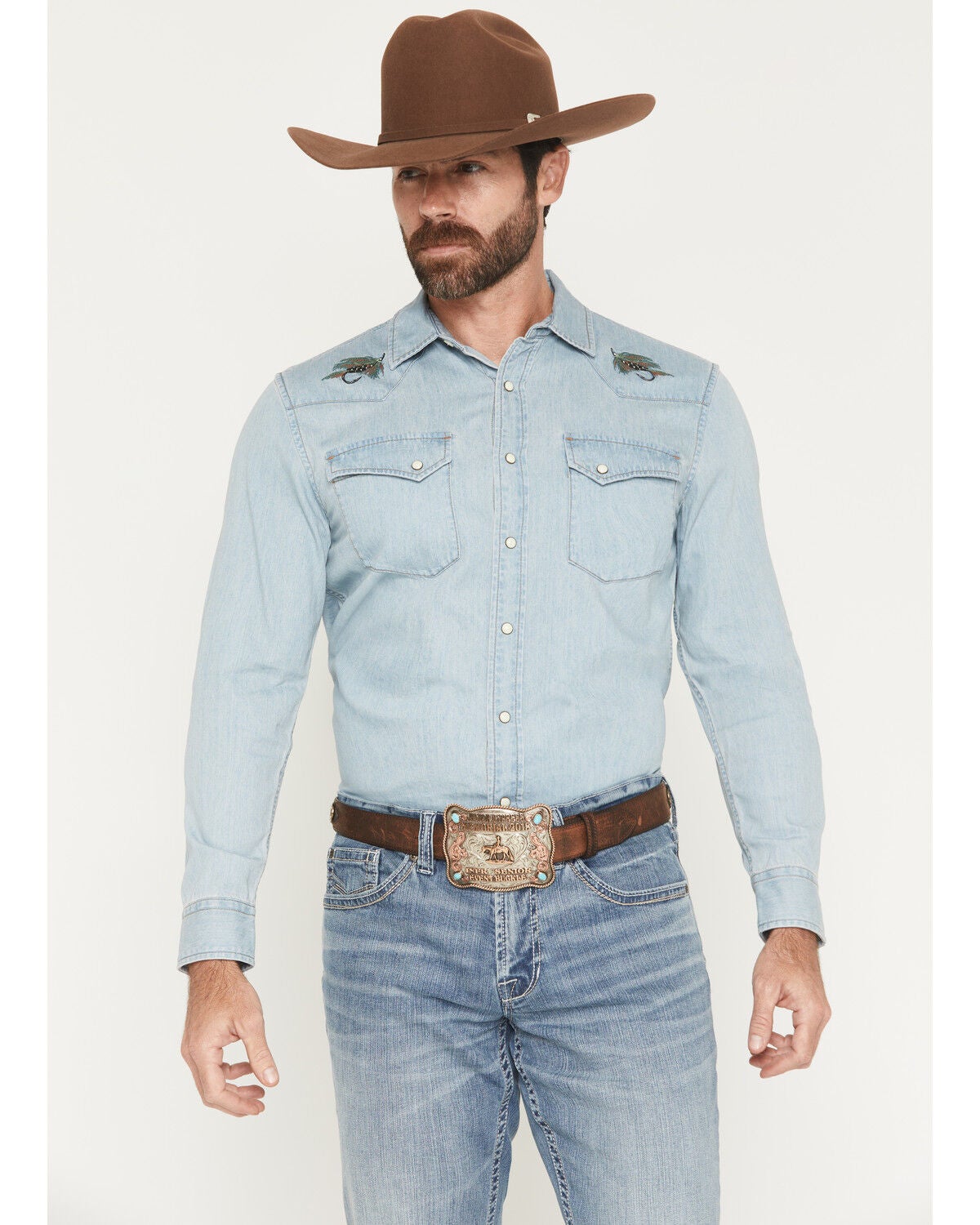 Image #1 - Pendleton Men's Light Wash Wash Gambler Long Sleeve Snap Denim Western Shirt, Light Wash, hi-res