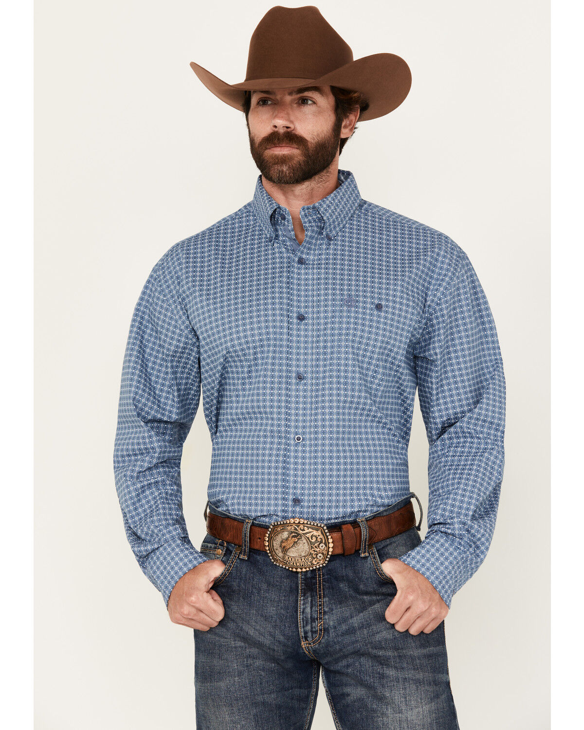 Image #1 - George Strait by Wrangler Men's Geo Print Long Sleeve Button-Down Stretch Western Shirt, Blue, hi-res