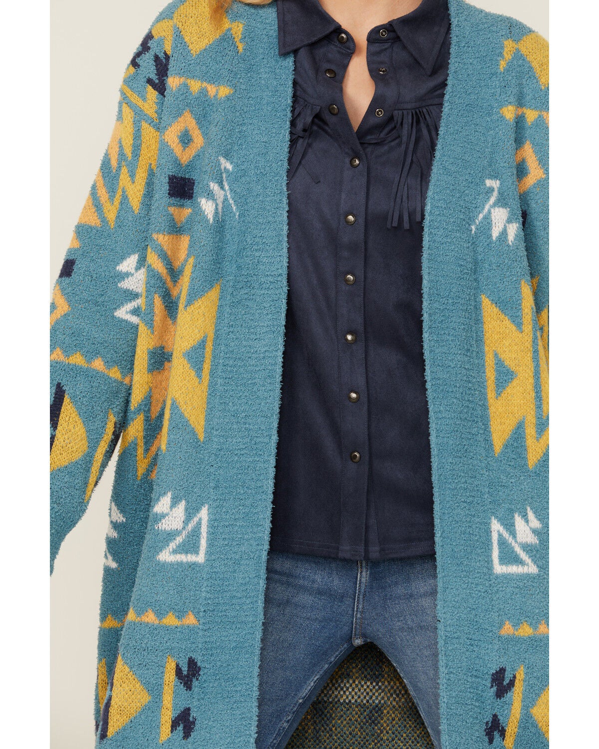 Image #3 - Angie Women's Southwestern Print Open Front Sweater, , hi-res